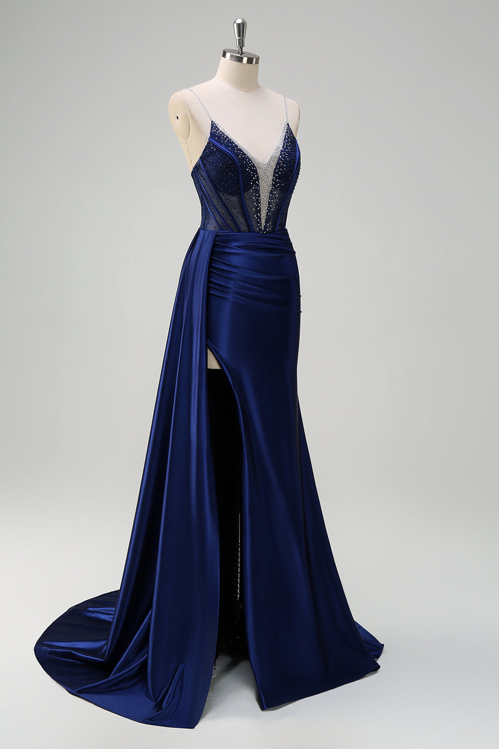 Navy Deep V-Neck Beaded Satin Mermaid Watteau Train Prom Dress
