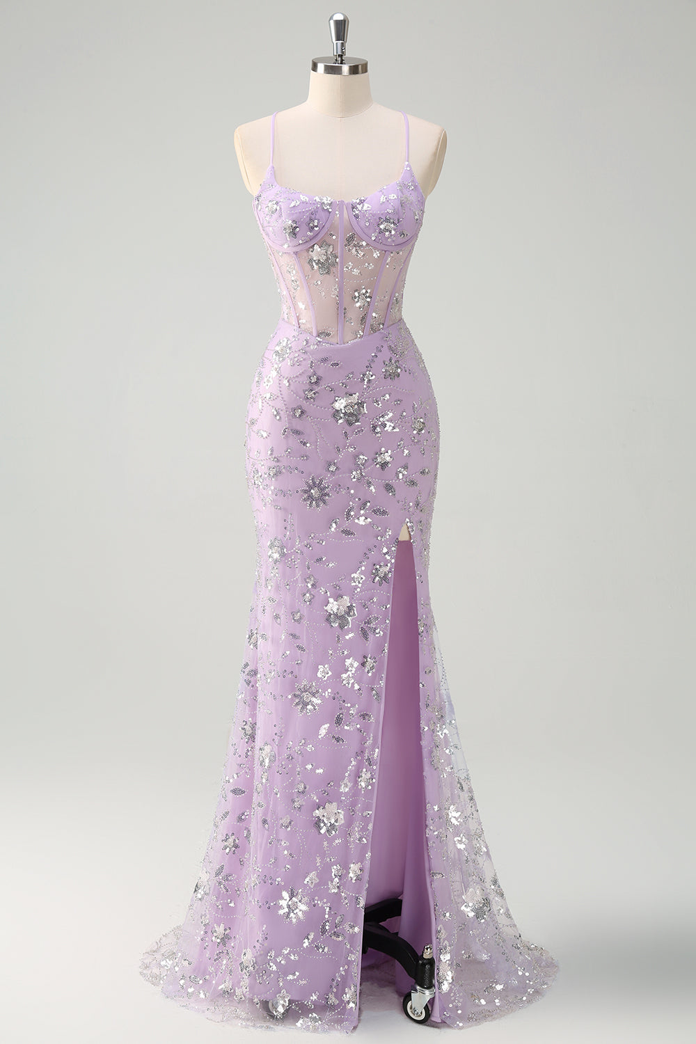 Lilac Corset Sequin Beaded Mermaid Prom Dress with Slit