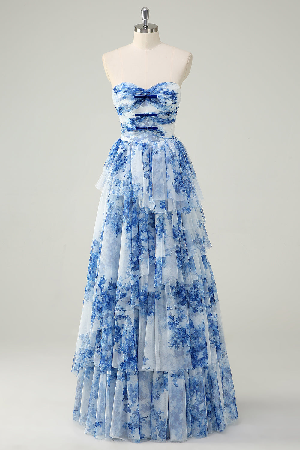 White Blue Floral Strapless Sweetheart Tiered Ruffle Prom Dress