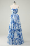 White Blue Floral Strapless Sweetheart Tiered Ruffle Prom Dress
