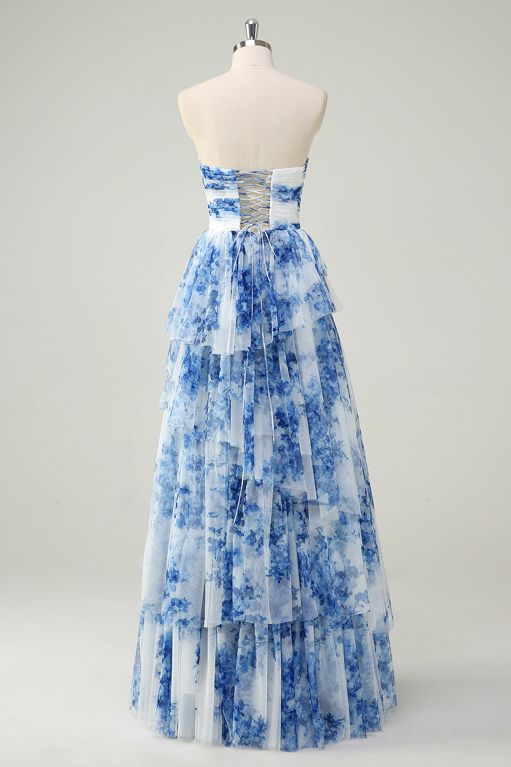White Blue Floral Strapless Sweetheart Tiered Ruffle Prom Dress