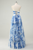 White Blue Floral Strapless Sweetheart Tiered Ruffle Prom Dress