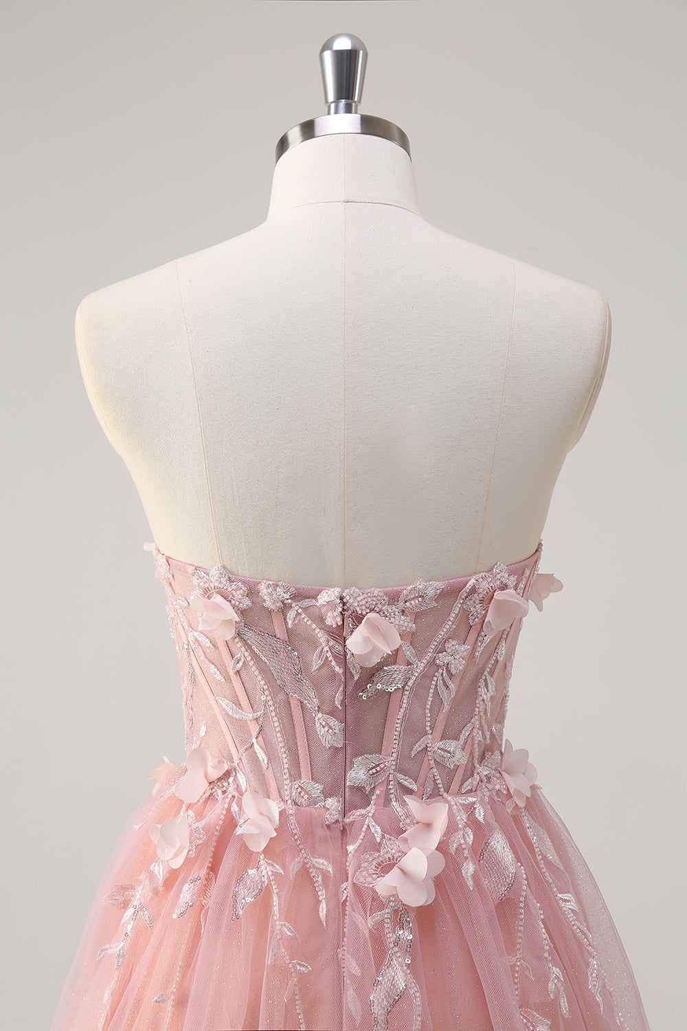 Pink Strapless Applique Beaded Tulle A-Line Prom Dress with Slit