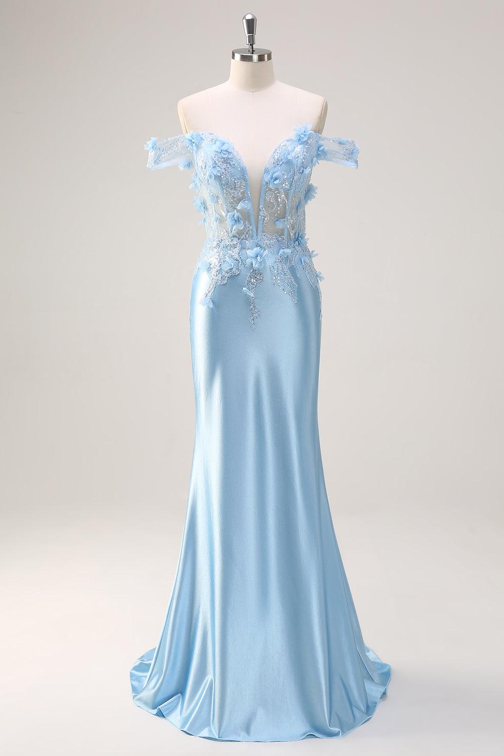 Sky Blue Off the Shoulder Corset Mermaid Satin Prom Dress with 3D Flower