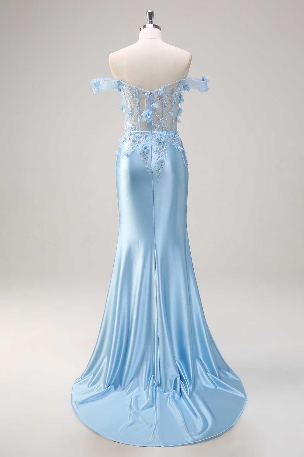 Sky Blue Off the Shoulder Corset Mermaid Satin Prom Dress with 3D Flower