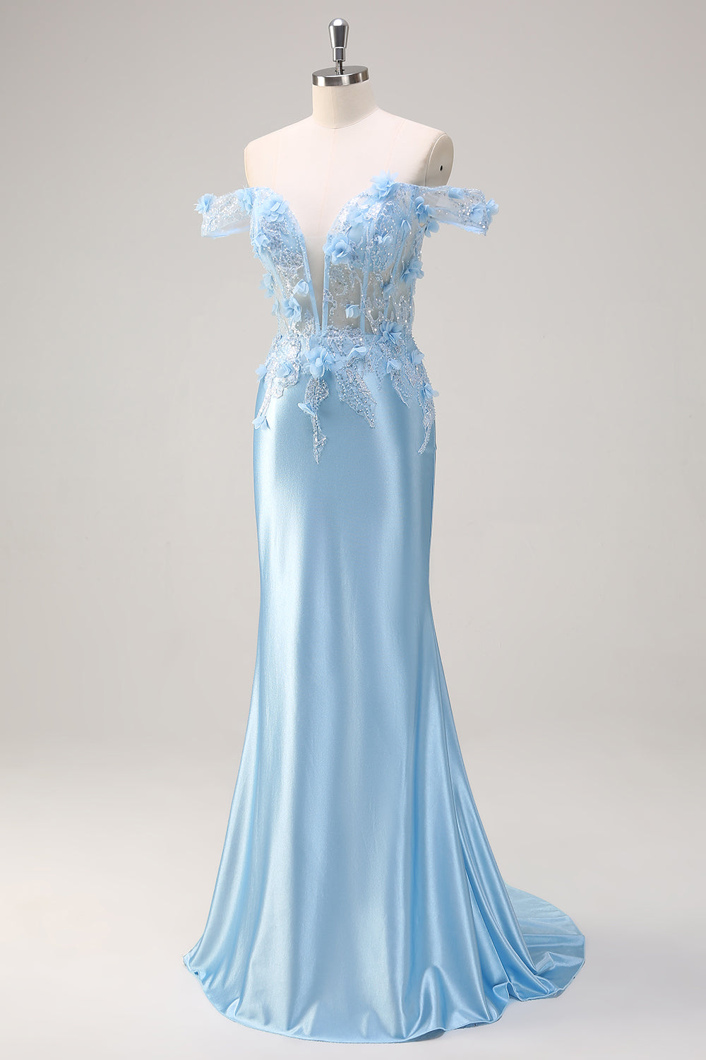 Sky Blue Corset Applique Mermaid Satin Prom Dress with Sequins
