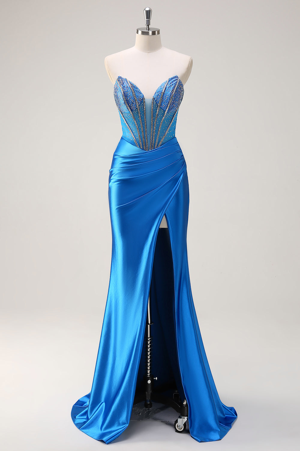 Blue Strapless Beaded Mermaid Satin Prom Dress with Slit