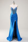 Blue Strapless Beaded Mermaid Satin Prom Dress with Slit