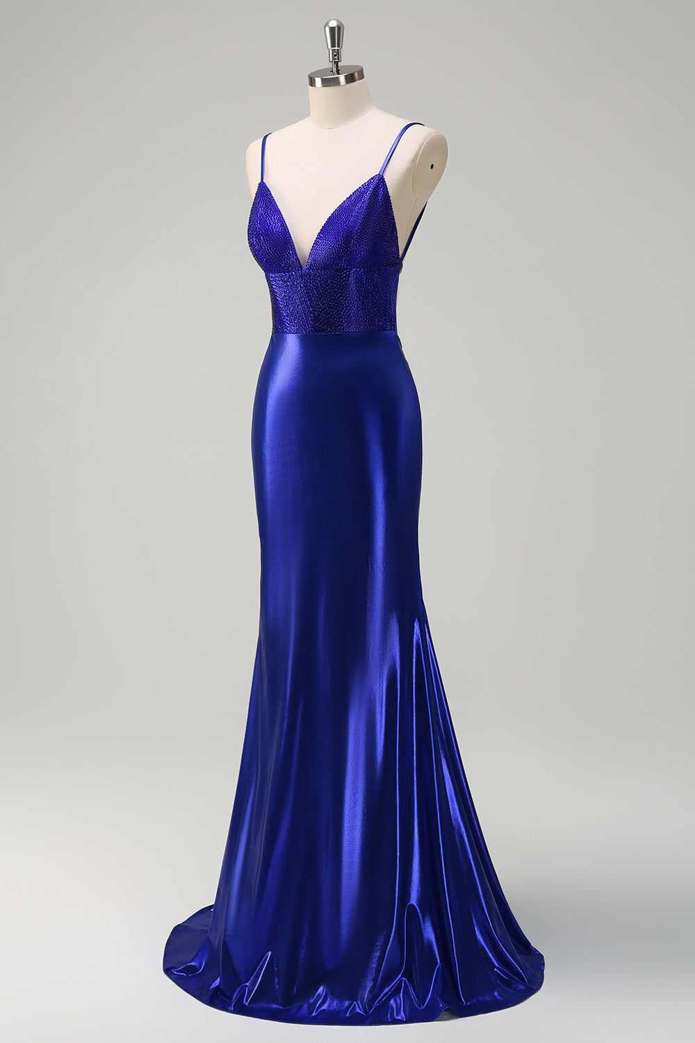 Gorgeous Royal Blue Satin Mermaid Prom Dress with Beading