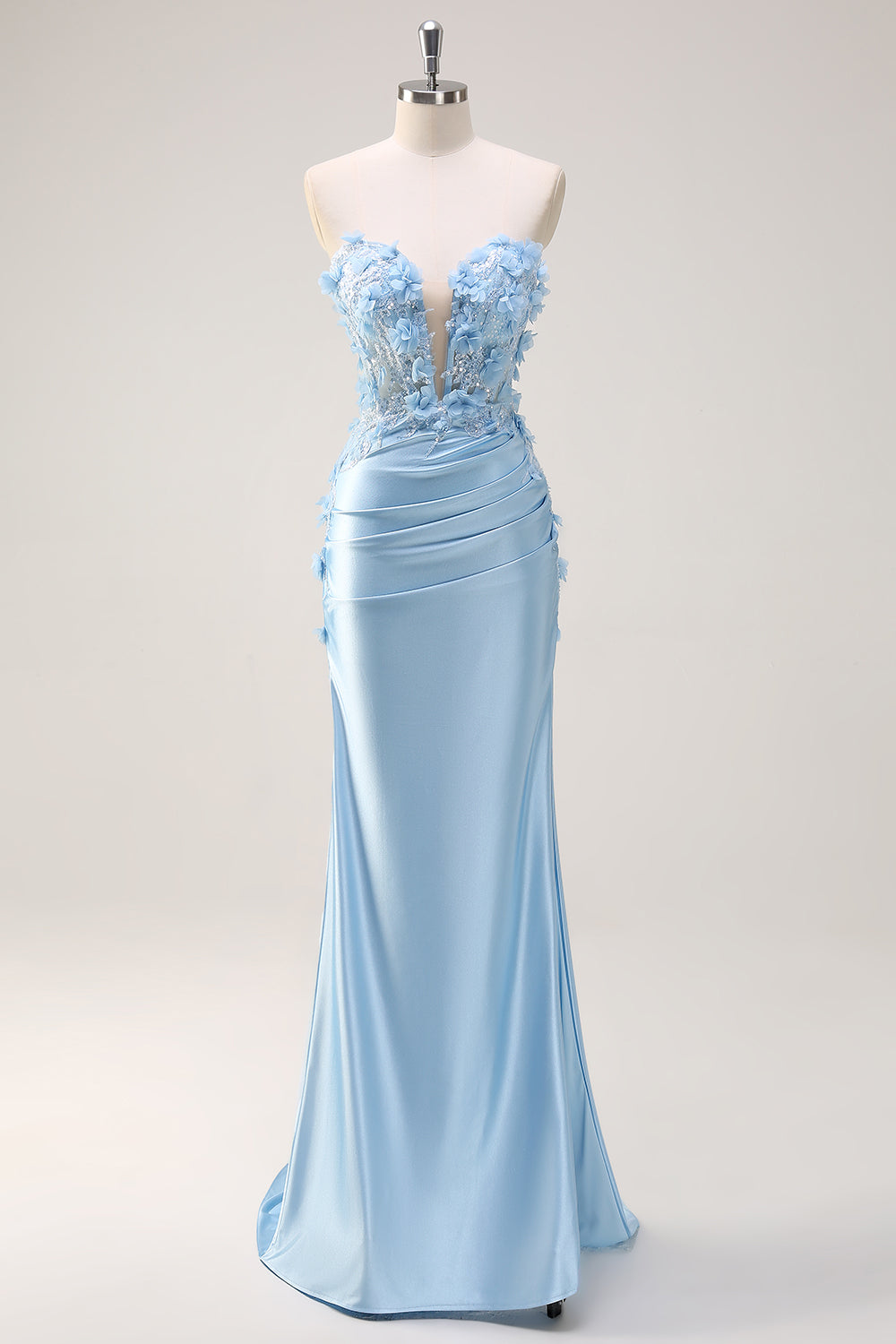 Blue Corset Applique Mermaid Satin Prom Dress with Slit