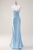 Blue Corset Applique Mermaid Satin Prom Dress with Slit