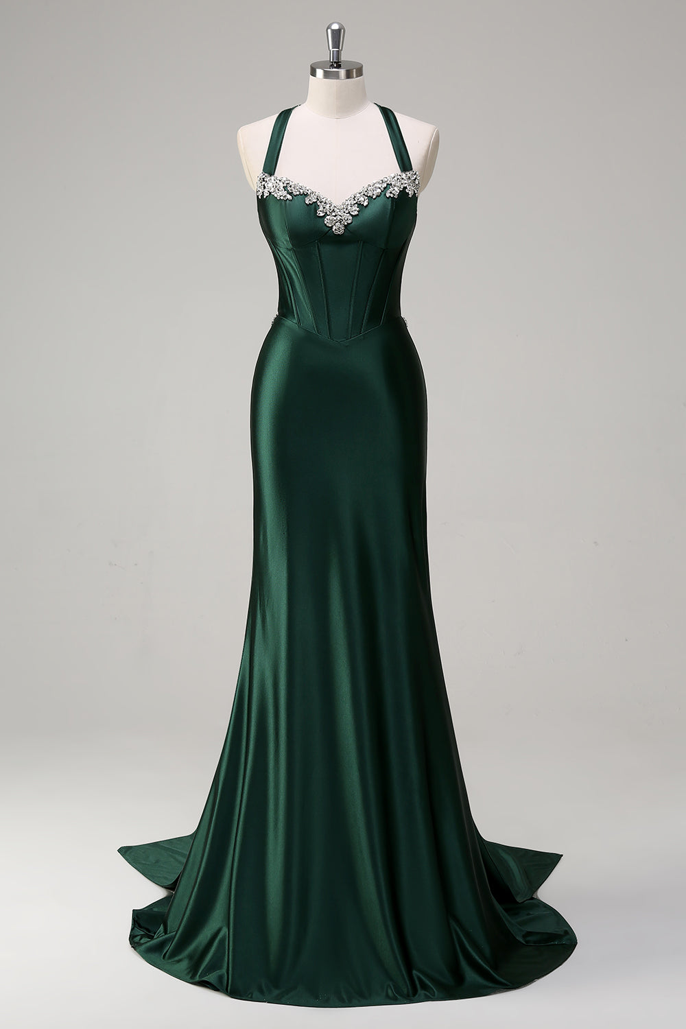 Dark Green Corset Beaded Satin Mermaid Sweep Train Prom Dress