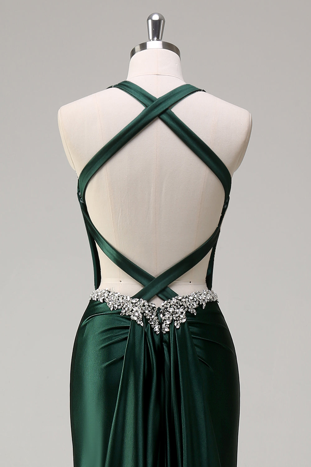 Dark Green Corset Beaded Satin Mermaid Sweep Train Prom Dress