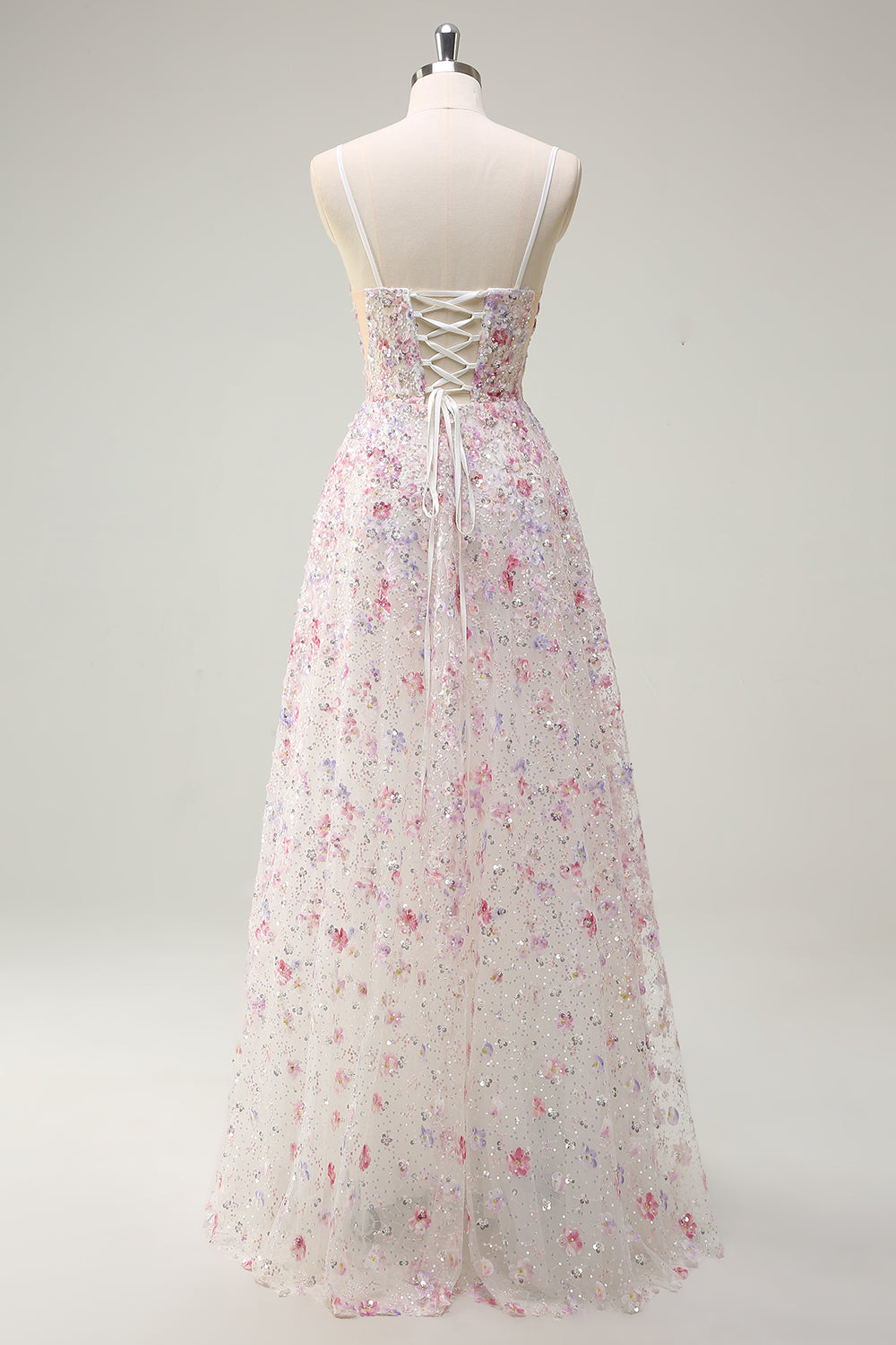 Pink Floral Spaghetti Straps Applique A-Line Prom Dress with Sequin