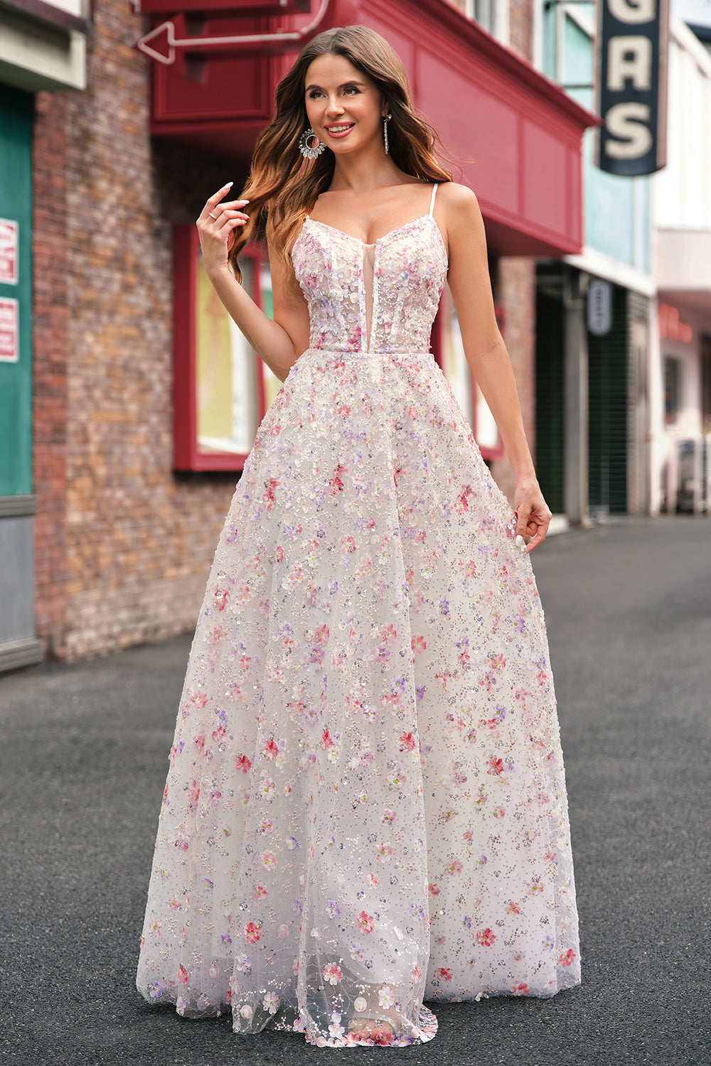 Pink Floral Spaghetti Straps Applique A-Line Prom Dress with Sequin