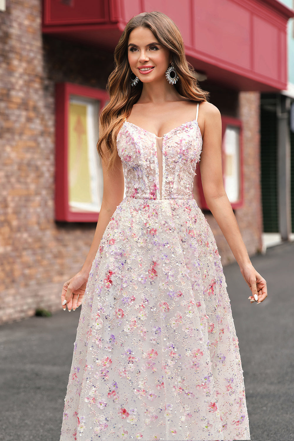 Pink Floral Spaghetti Straps Applique A-Line Prom Dress with Sequin