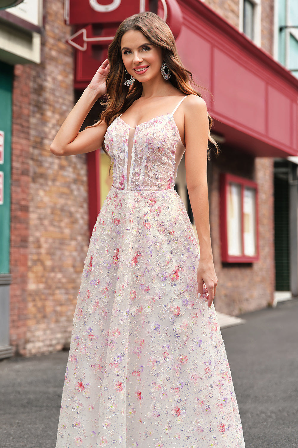 Pink Floral Spaghetti Straps Applique A-Line Prom Dress with Sequin