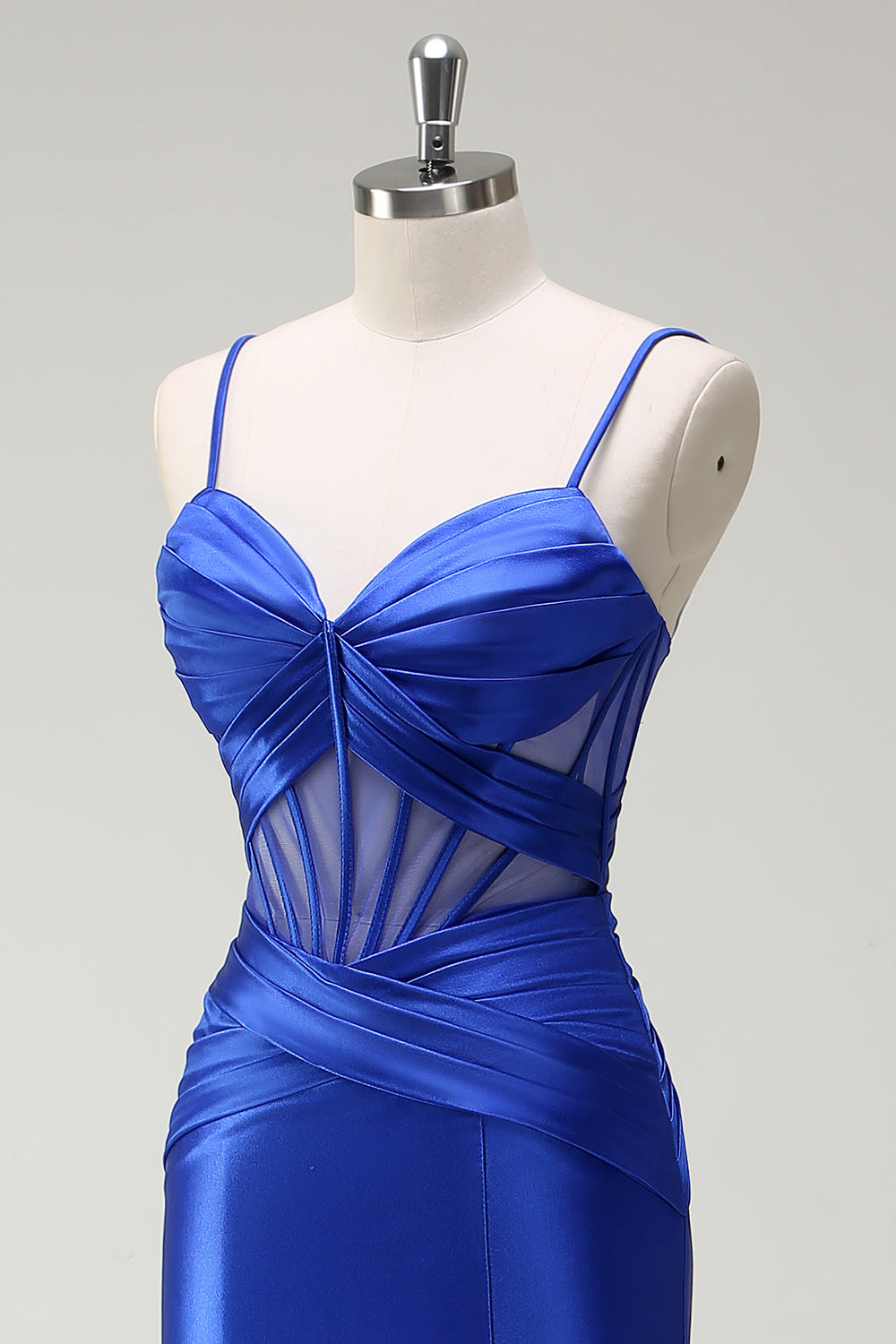 Royal Blue Spaghetti Straps Mermaid Satin Prom Dress with Slit
