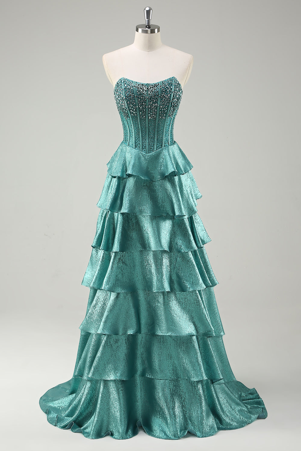 Tiered Ruffles Peacock Green Strapless Prom Dress with Beading