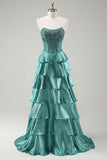 Tiered Ruffles Peacock Green Strapless Prom Dress with Beading