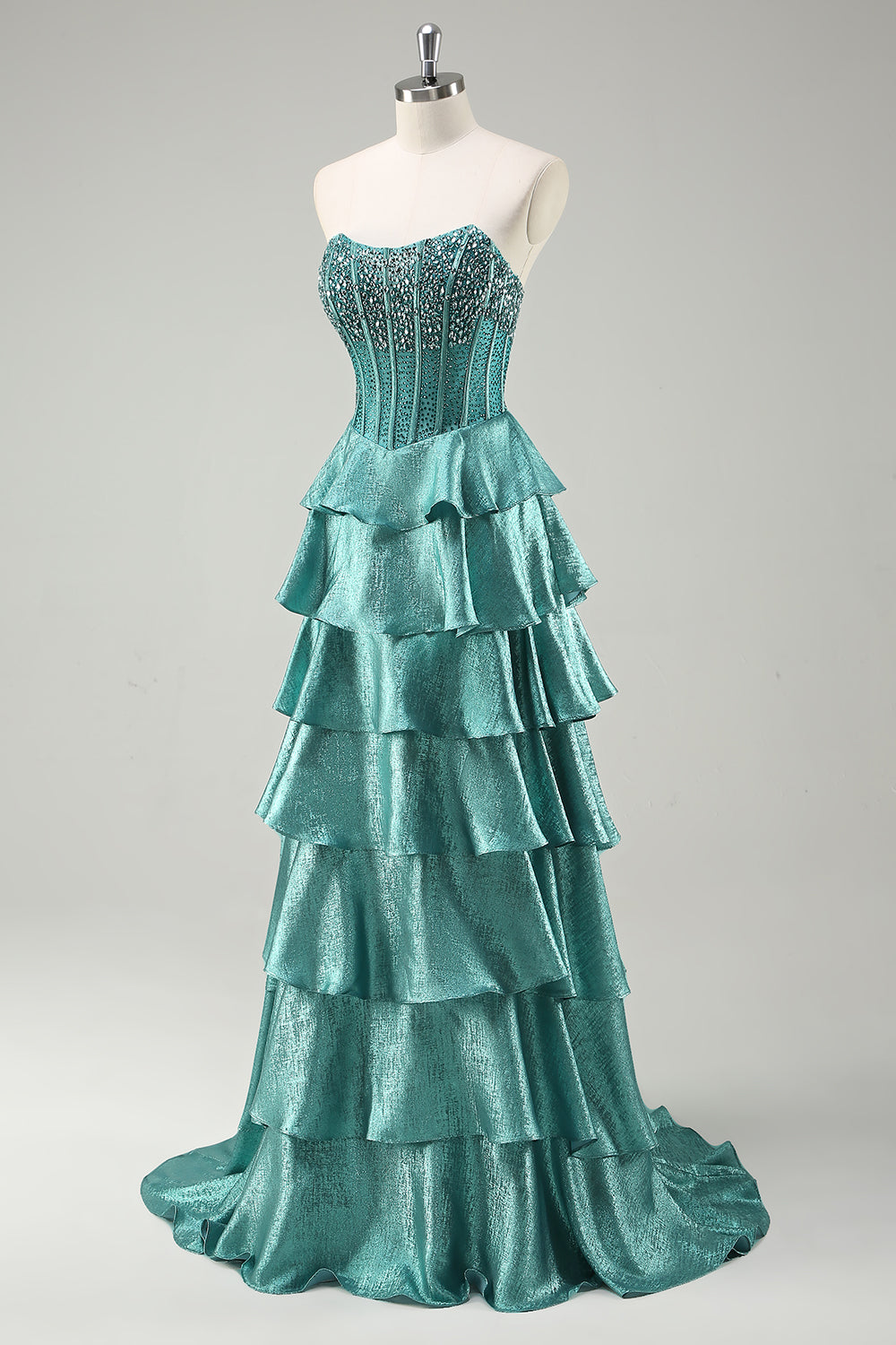 Tiered Ruffles Peacock Green Strapless Prom Dress with Beading