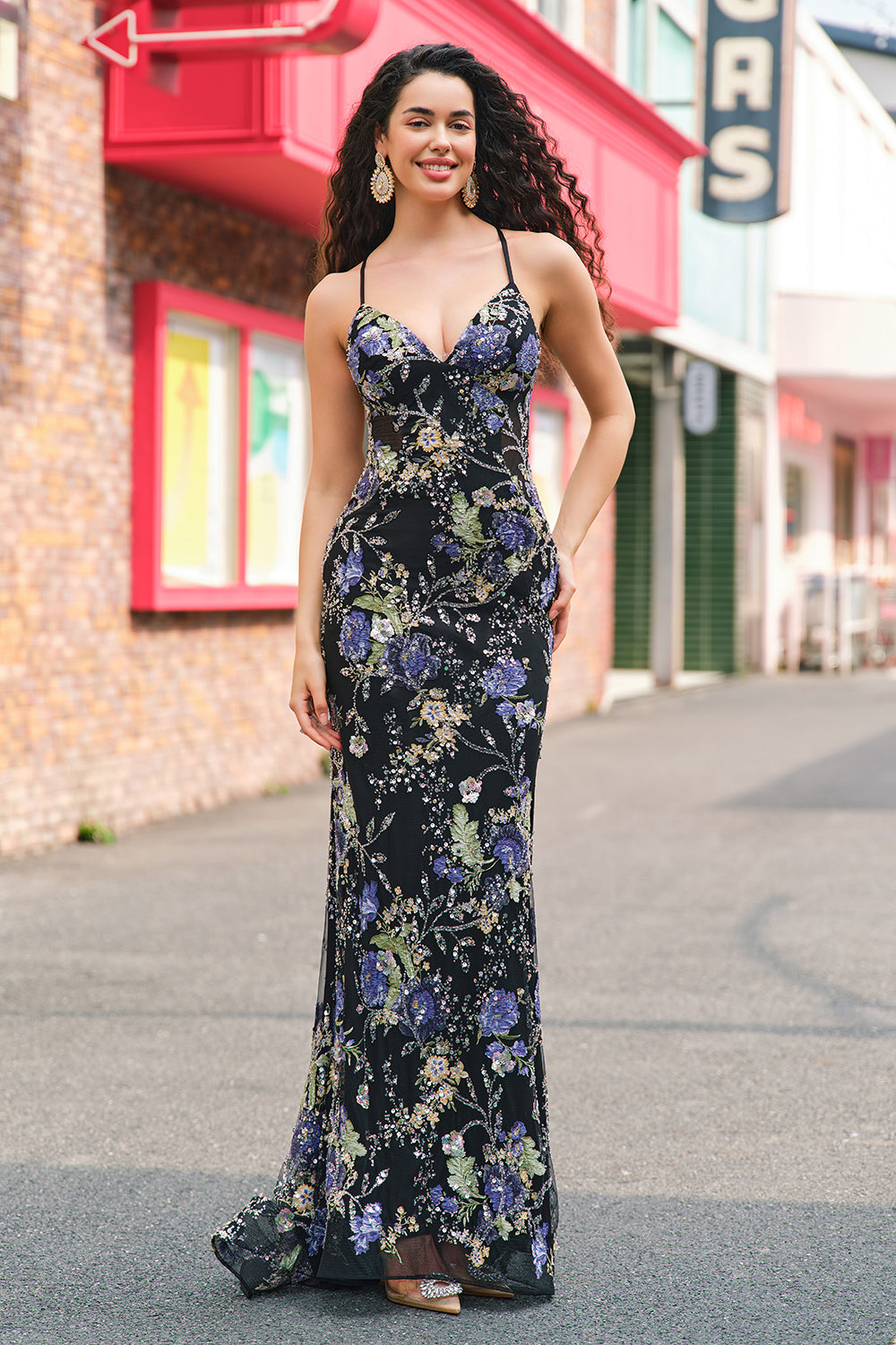Sparkly Pink Mermaid Floral Sequin Maxi Prom Dress