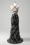 Sparkly Pink Mermaid Floral Sequin Maxi Prom Dress