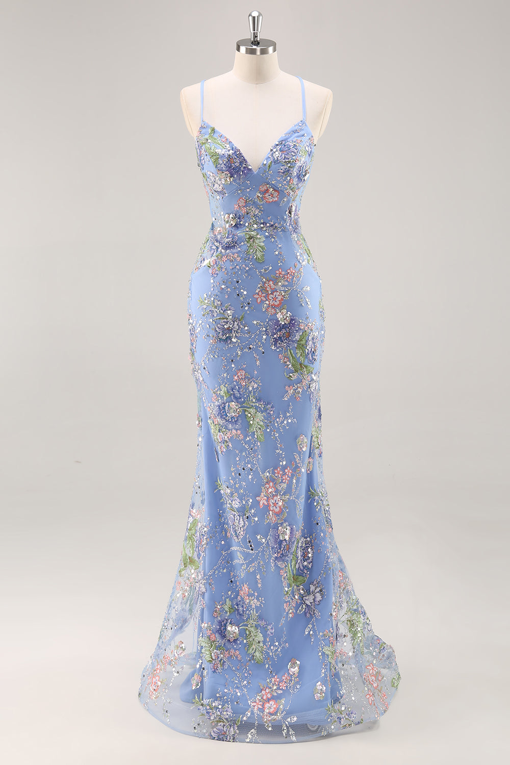 Sparkly Pink Mermaid Floral Sequin Maxi Prom Dress