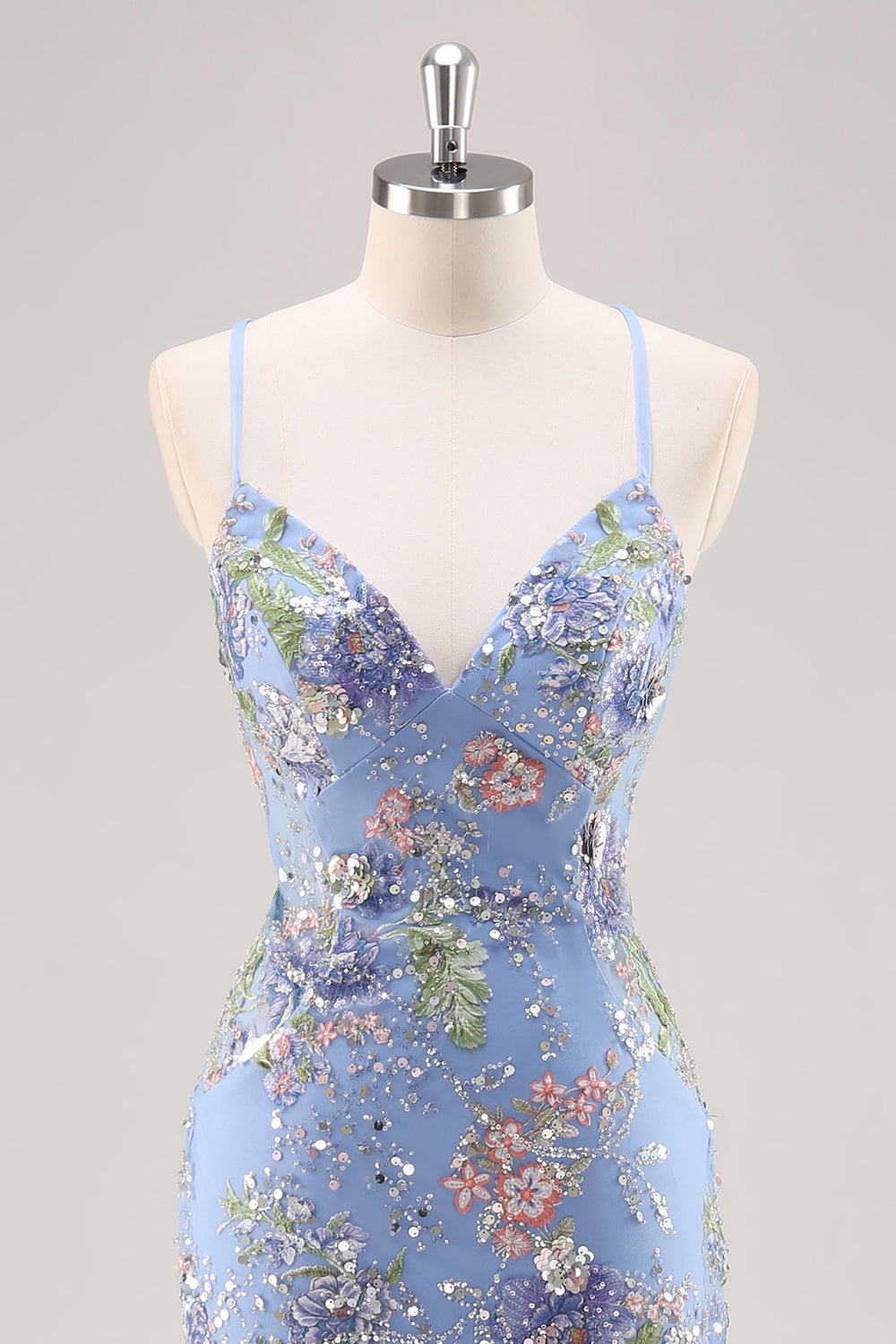 Sparkly Mermaid Blue Floral Beaded Maxi Prom Dress with Sequins