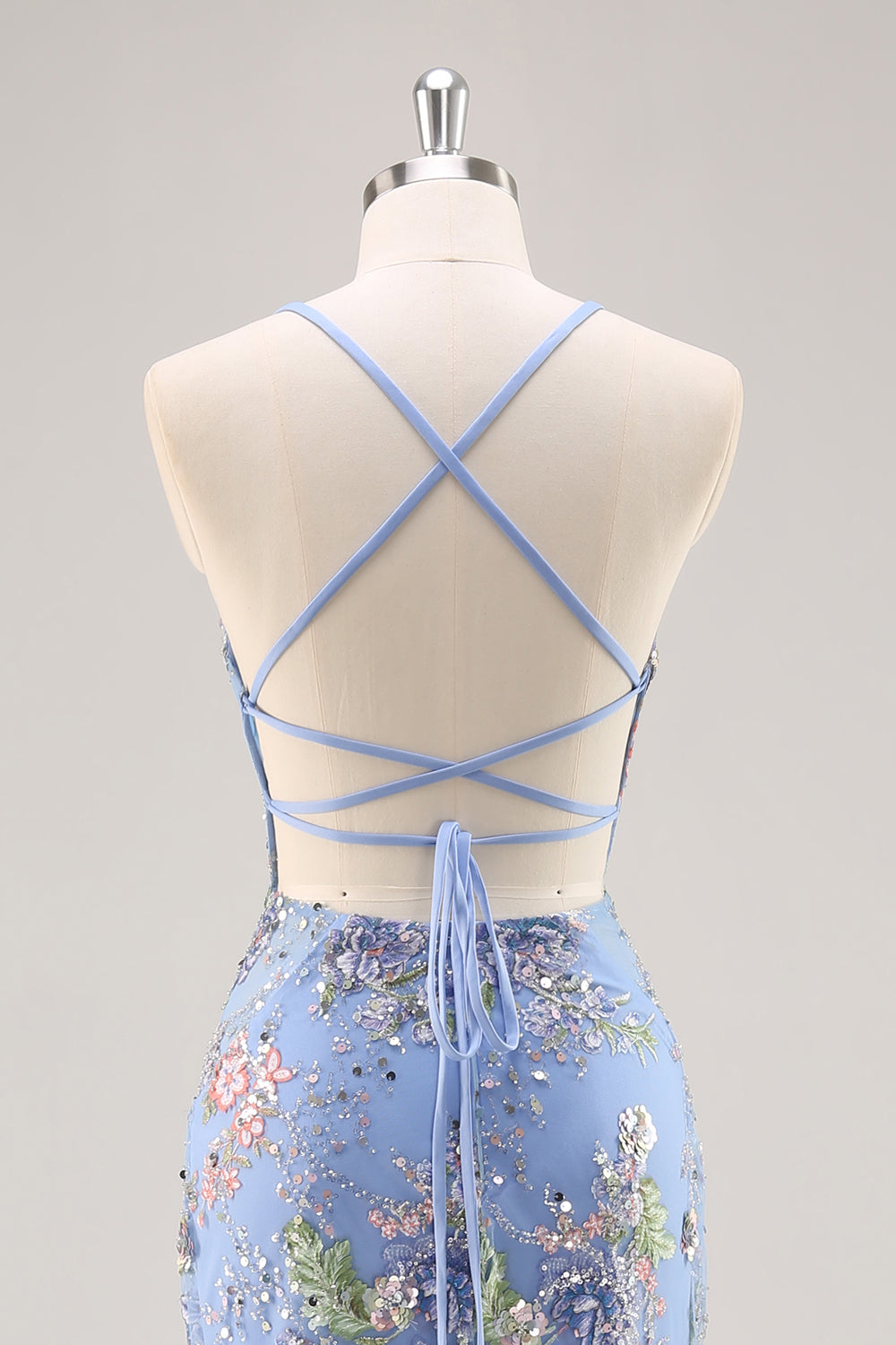 Sparkly Mermaid Blue Floral Beaded Maxi Prom Dress with Sequins