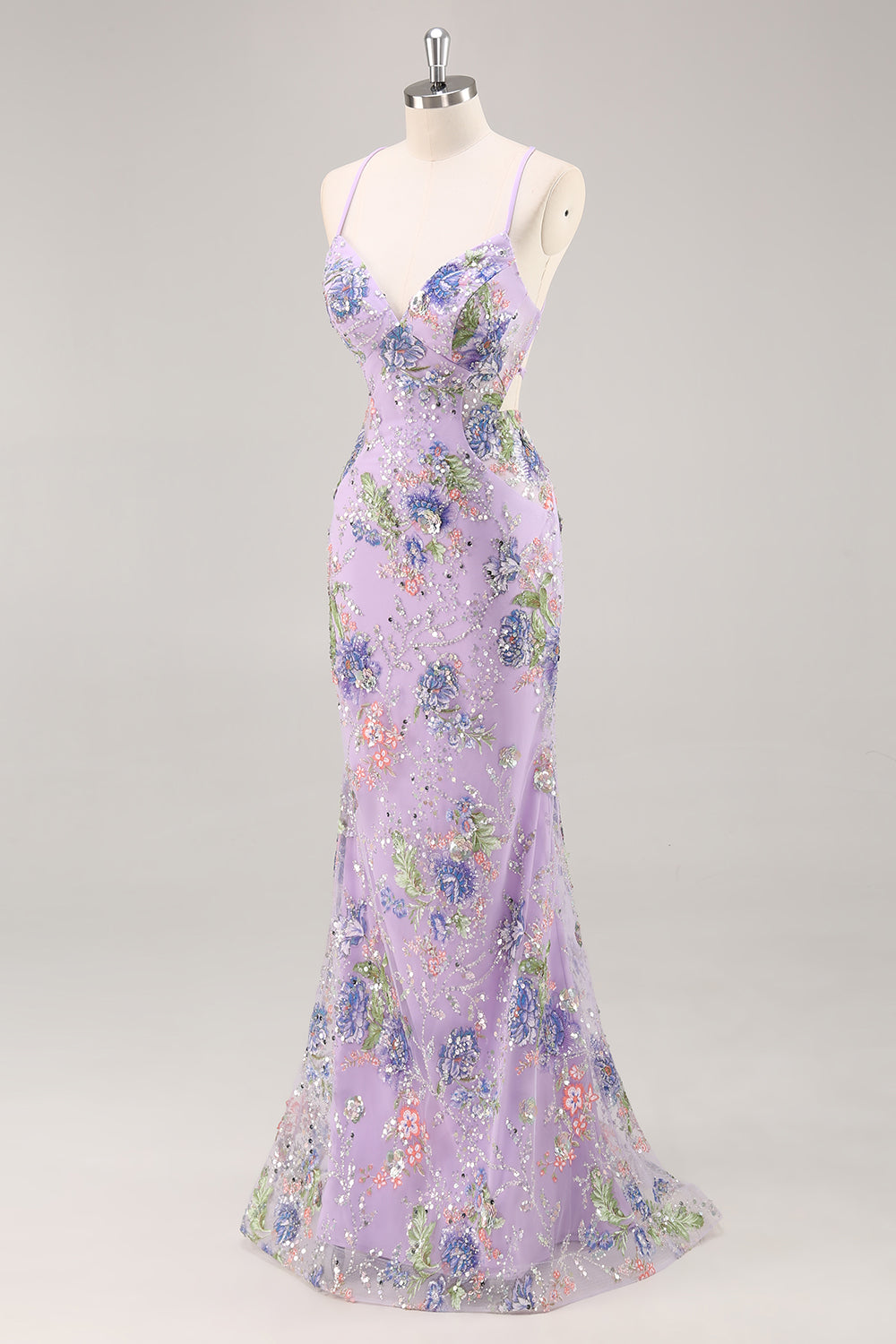 Sparkly Pink Mermaid Floral Sequin Maxi Prom Dress