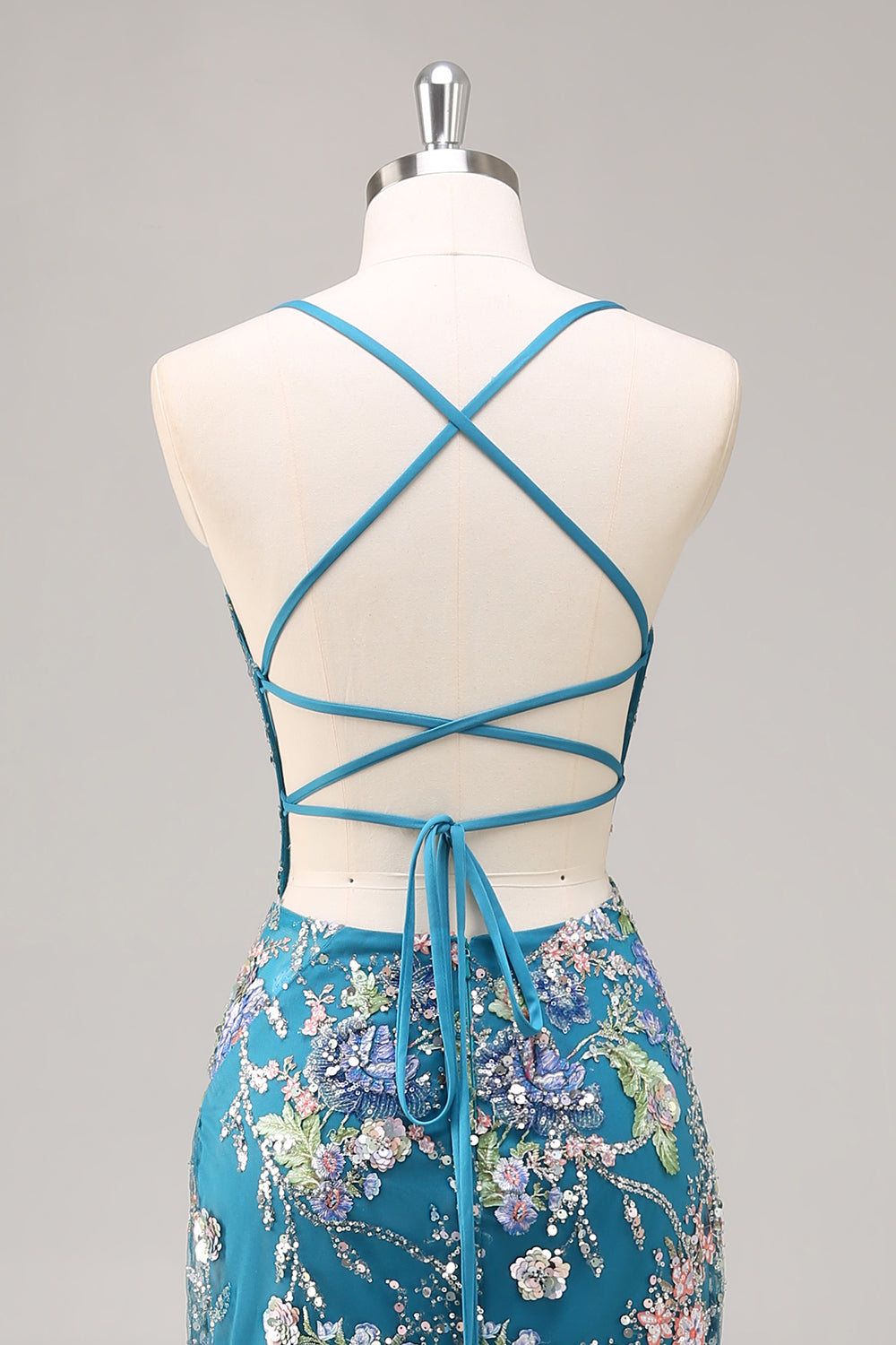 Sparkly Mermaid Blue Floral Beaded Maxi Prom Dress with Sequins