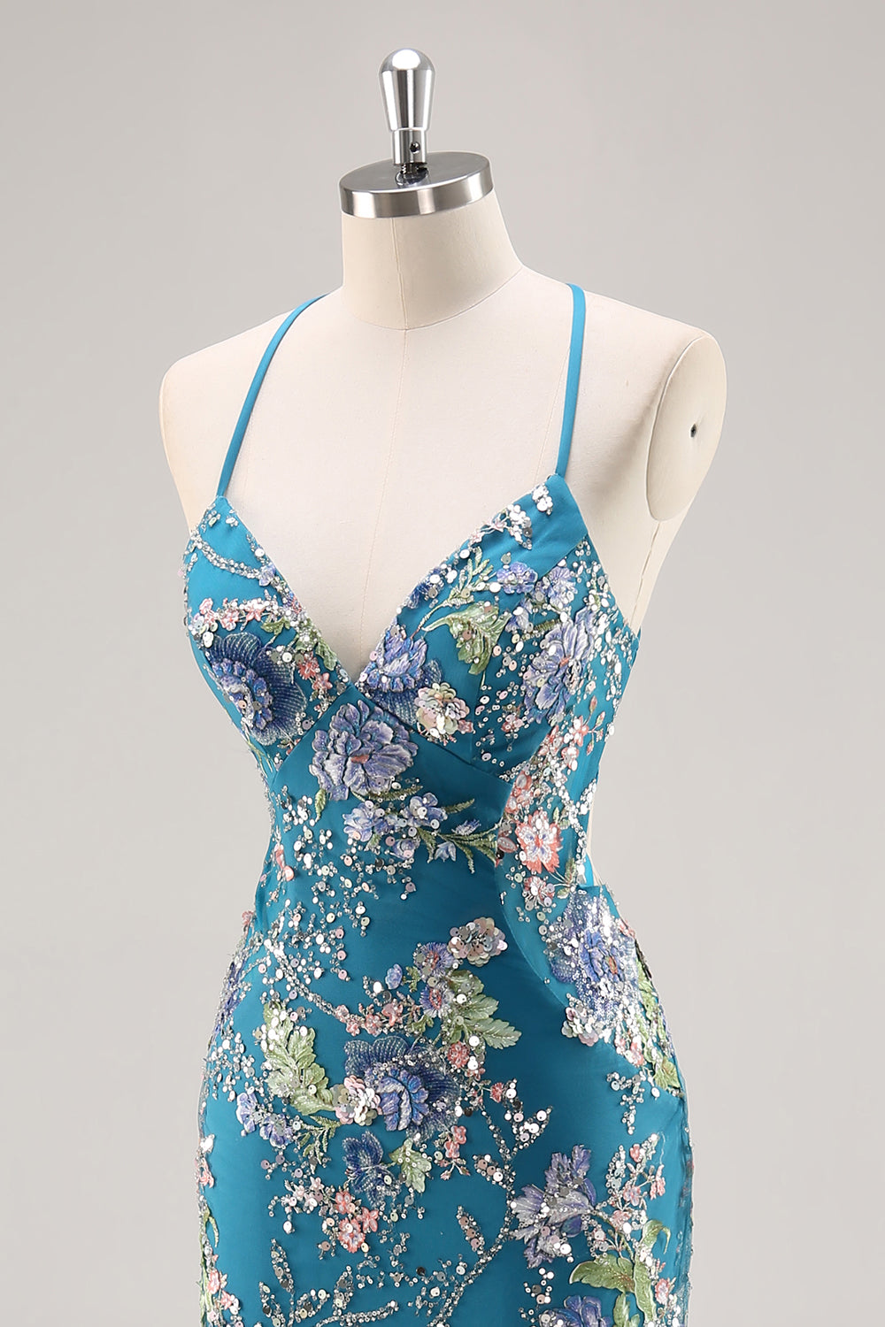Sparkly Mermaid Blue Floral Beaded Maxi Prom Dress with Sequins