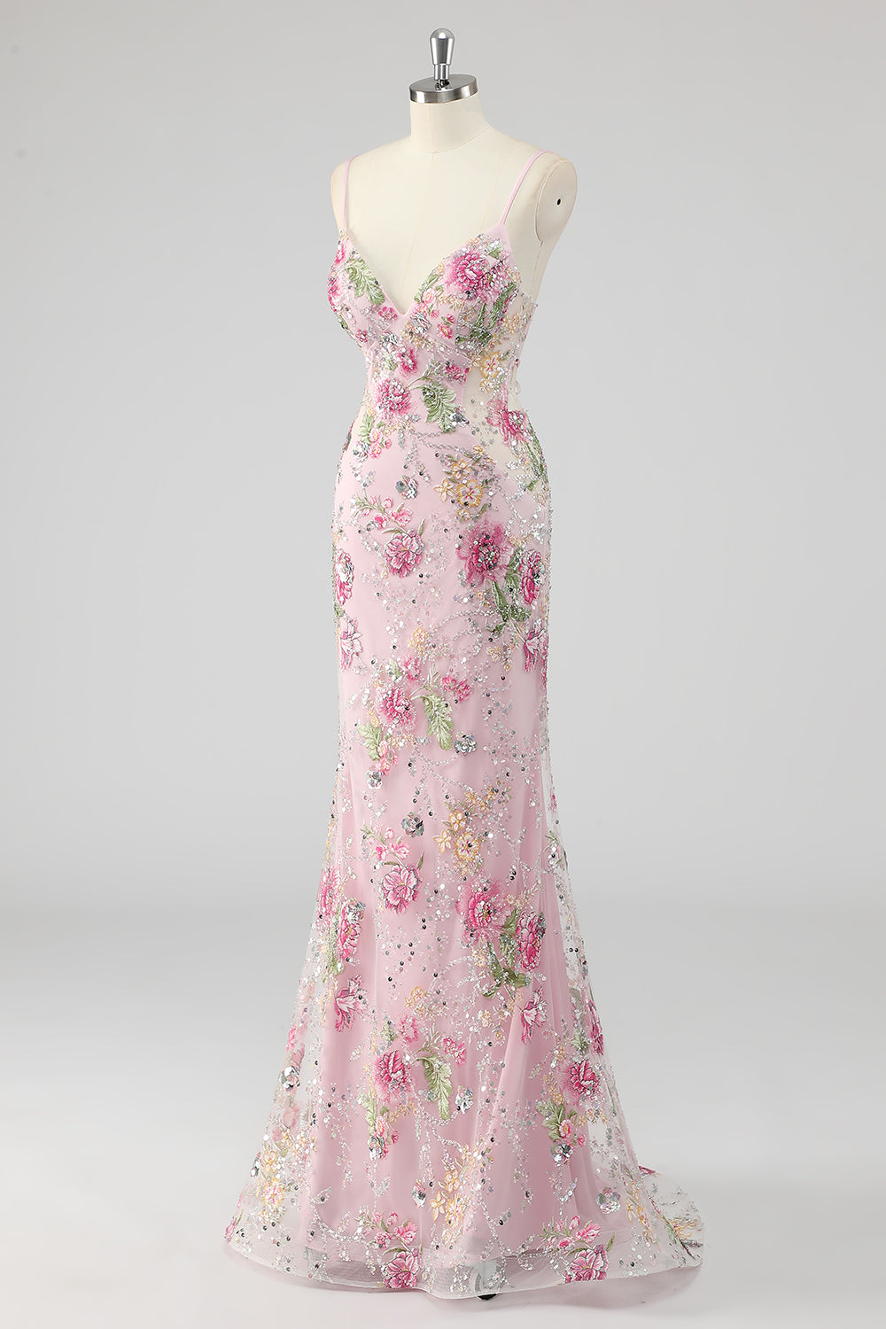 Sparkly Pink Mermaid Floral Sequin Maxi Prom Dress