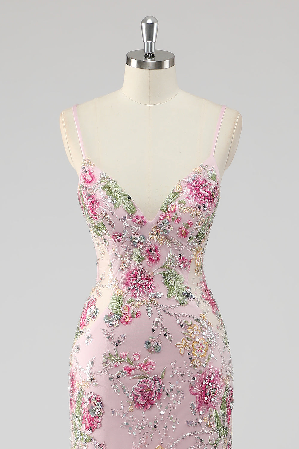 Sparkly Pink Mermaid Floral Sequin Maxi Prom Dress