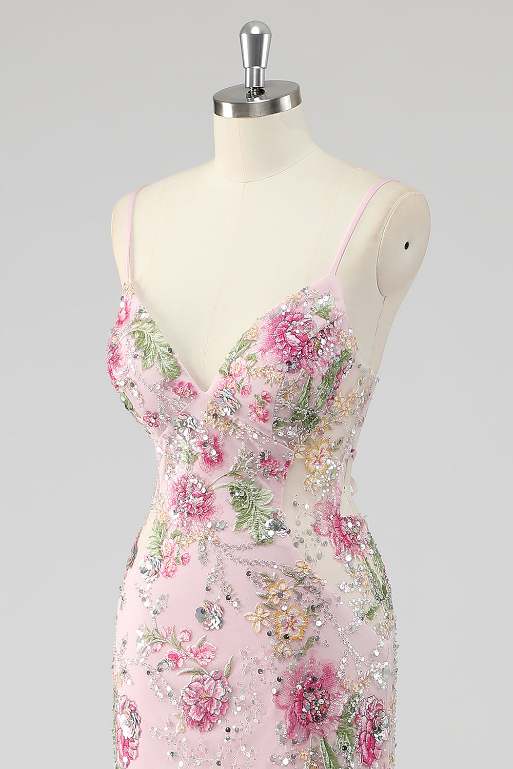 Sparkly Pink Mermaid Floral Sequin Maxi Prom Dress