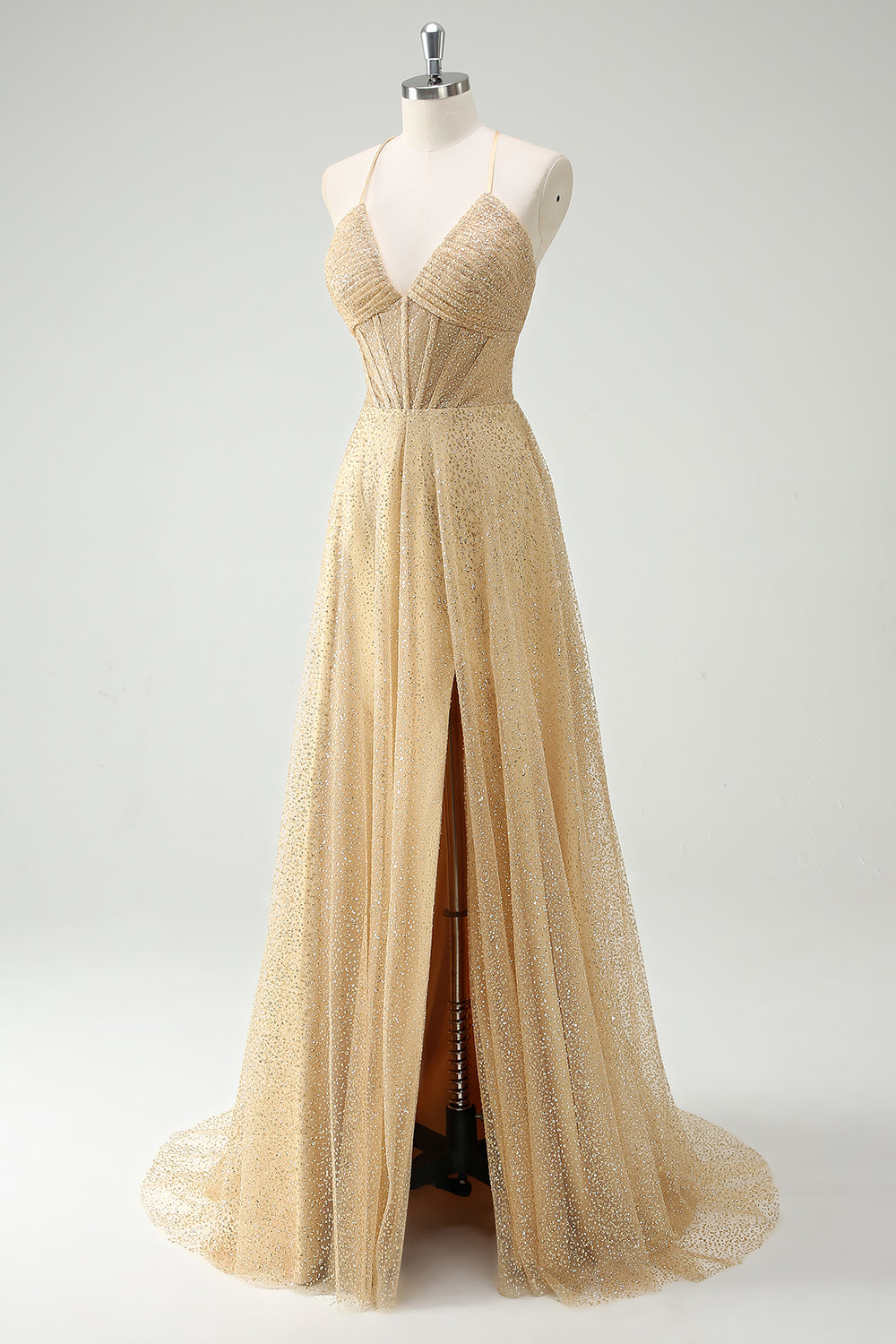 Glitter A-Line Halter Corset Gold Prom Dress with Slit