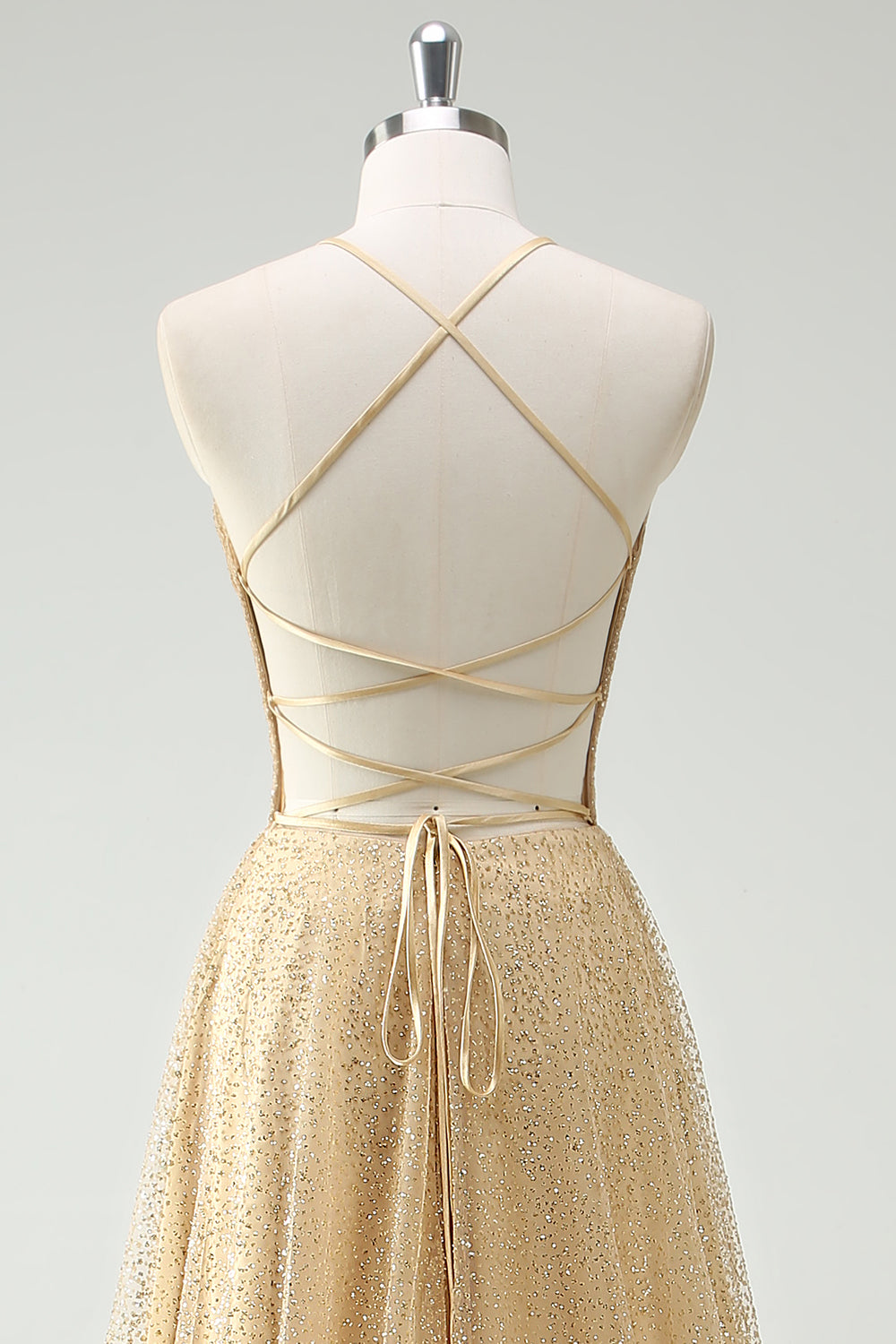 Glitter A-Line Halter Corset Gold Prom Dress with Slit