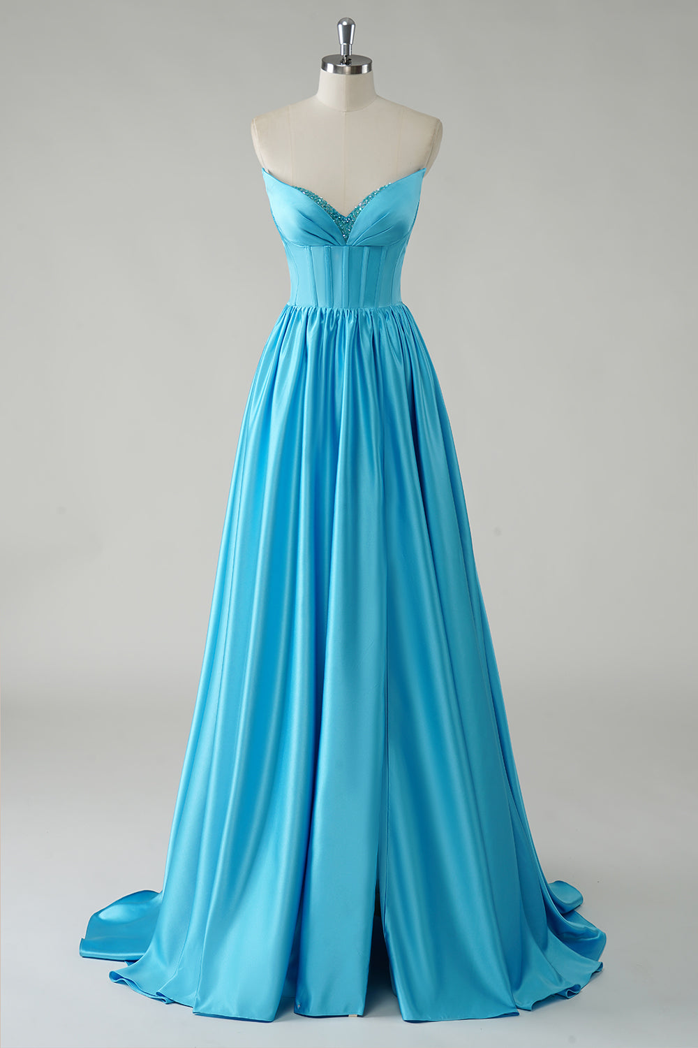 Blue V-Neck Strapless Corset A-Line Prom Dress with Slit