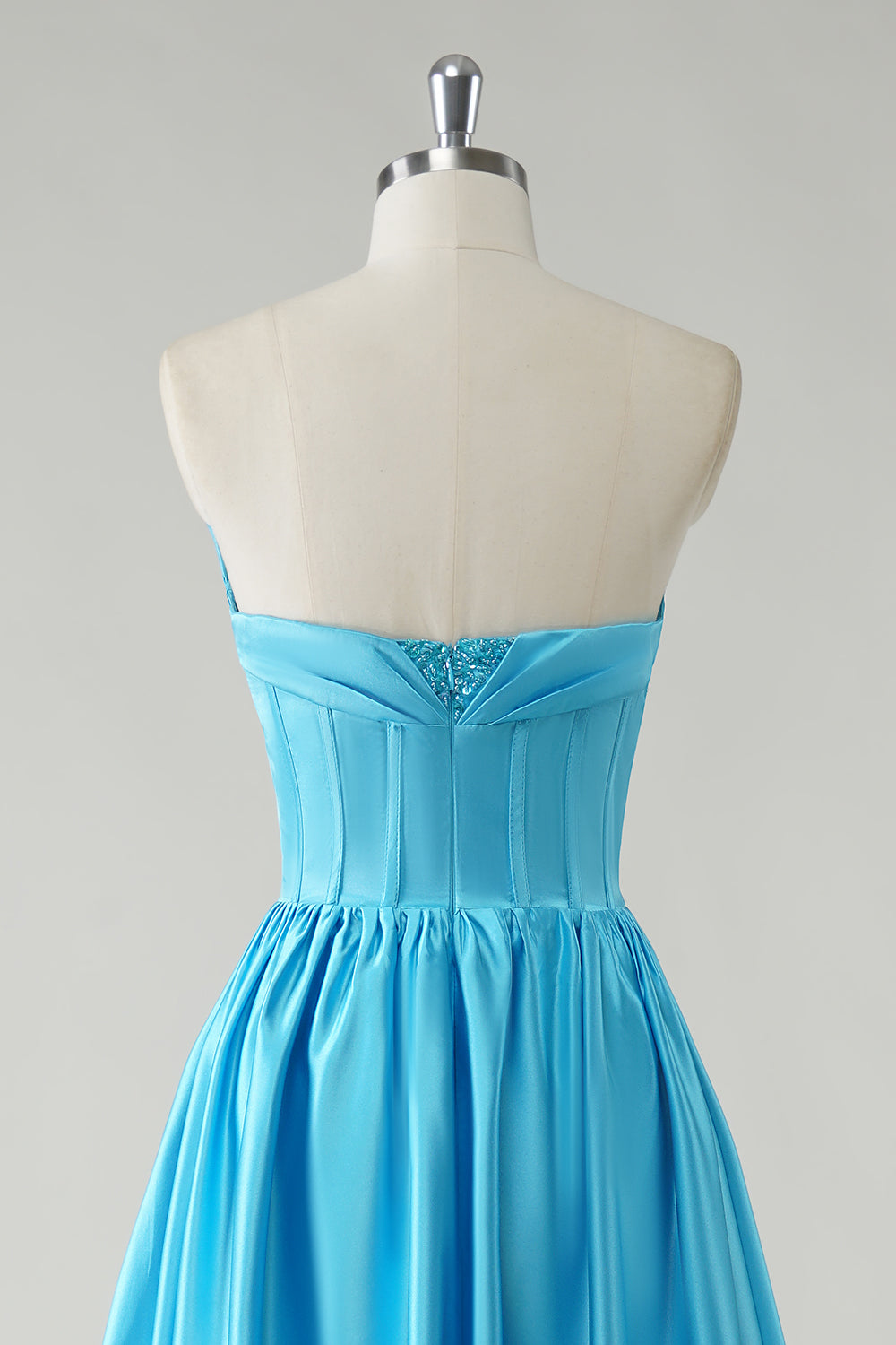 Blue V-Neck Strapless Corset A-Line Prom Dress with Slit