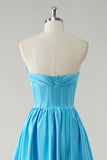 Blue V-Neck Strapless Corset A-Line Prom Dress with Slit