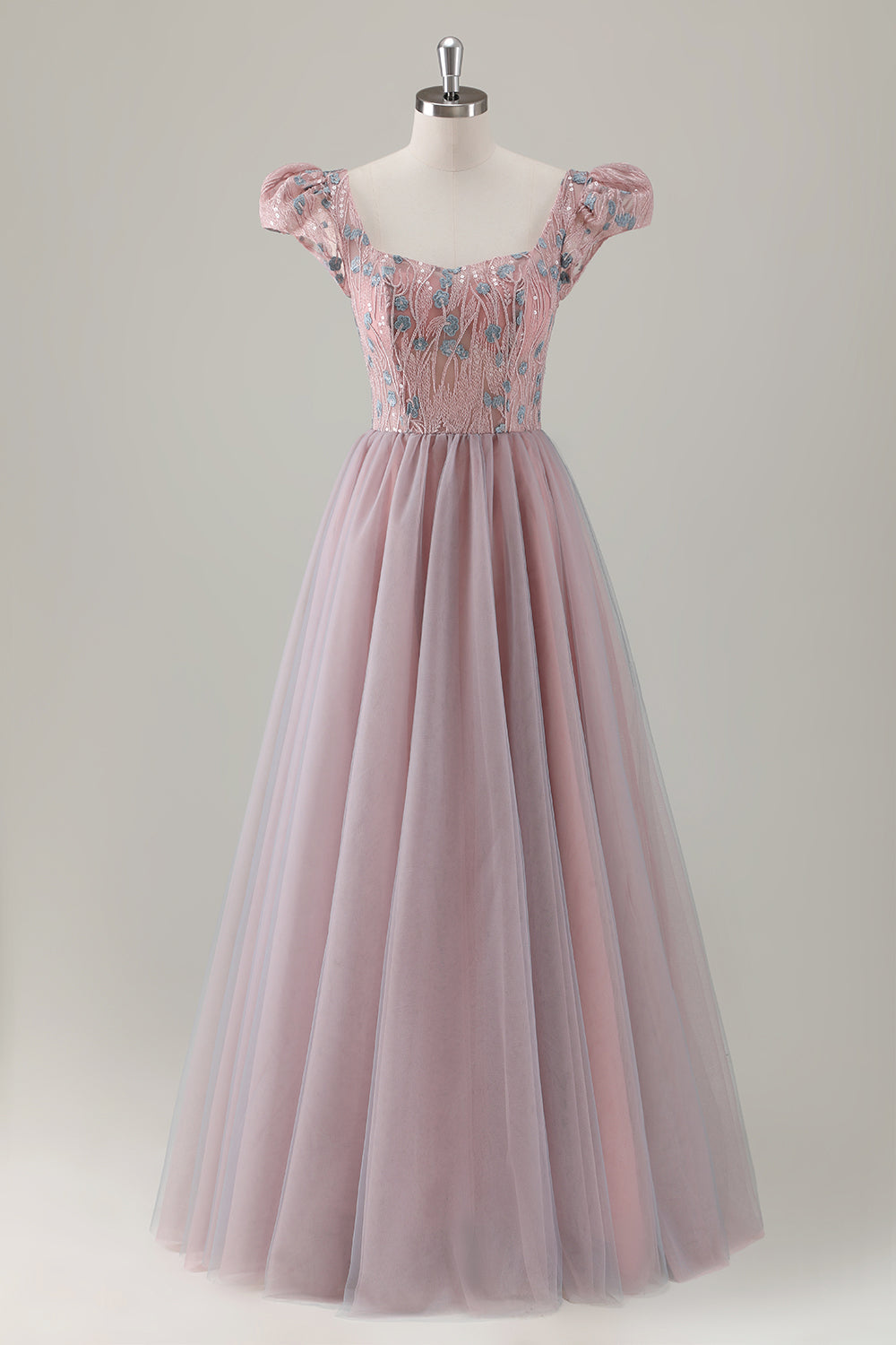 Grey Pink A-Line Floral Short Sleeves Long Prom Dress with Appliques