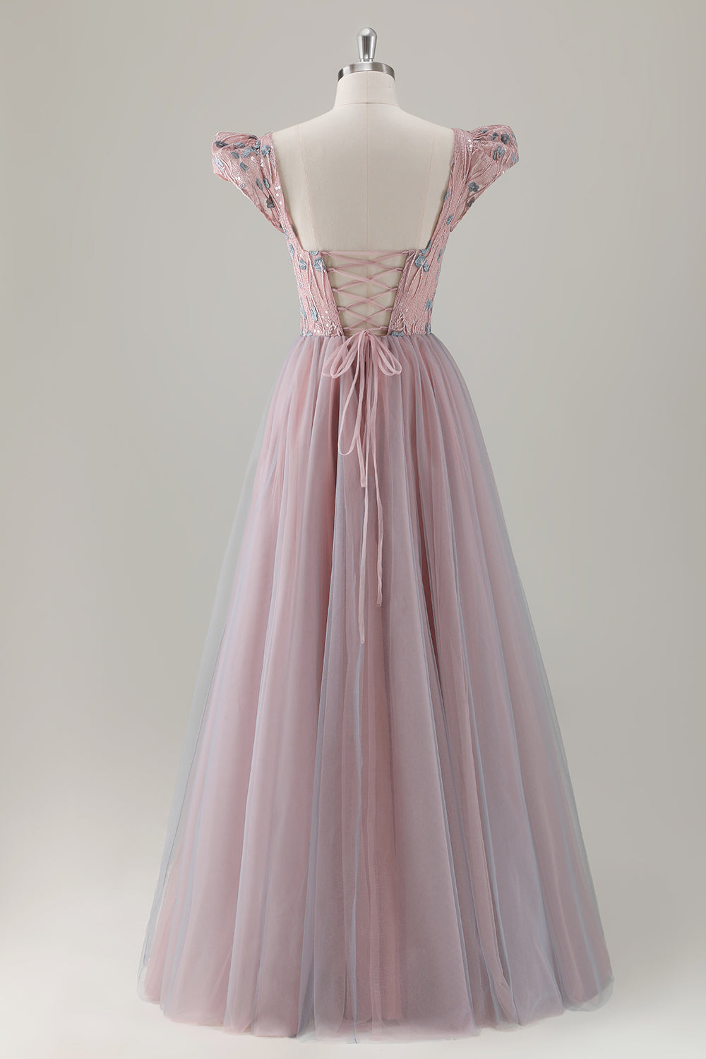 Grey Pink A-Line Floral Short Sleeves Long Prom Dress with Appliques