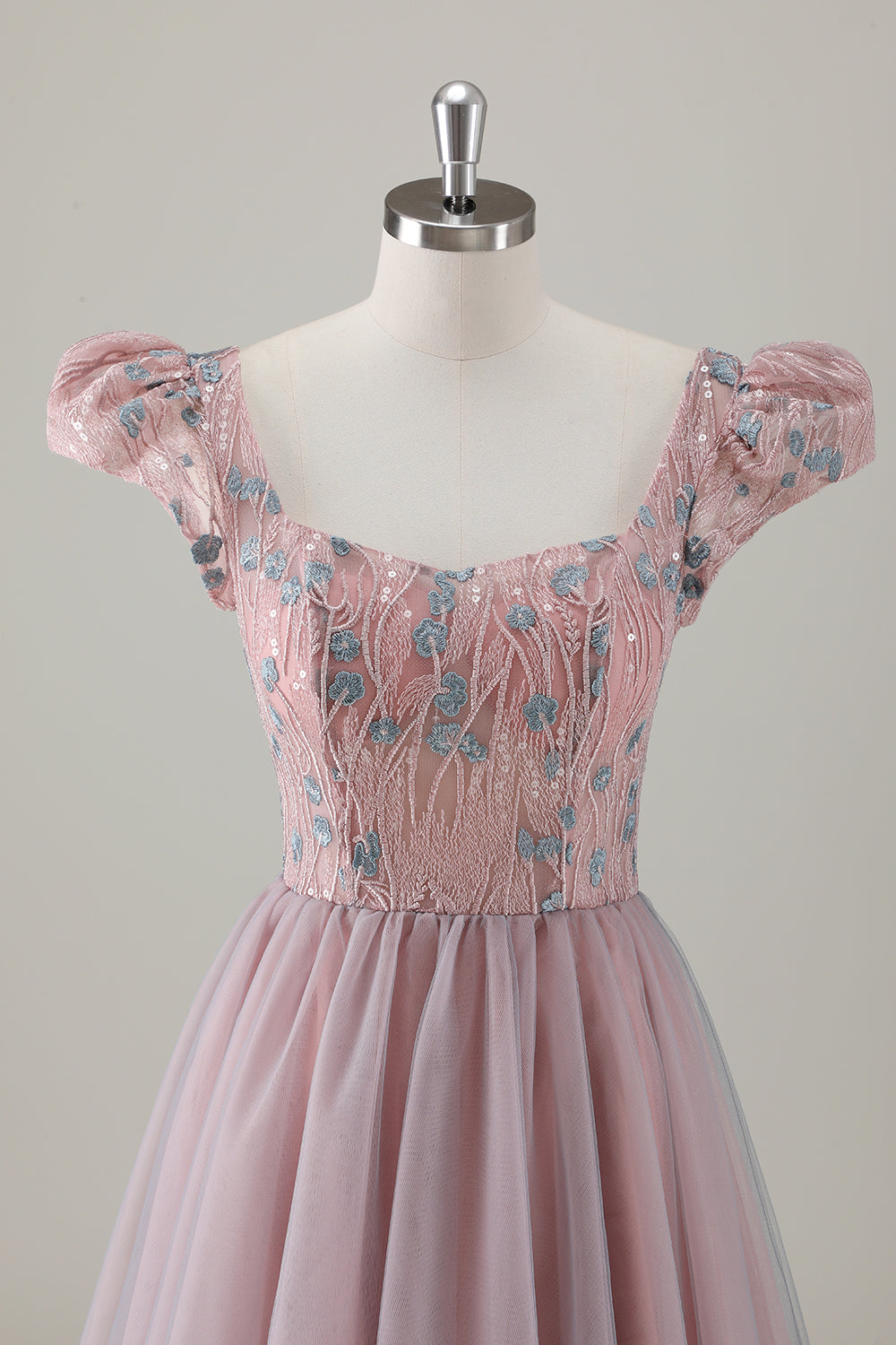 Grey Pink A-Line Floral Short Sleeves Long Prom Dress with Appliques