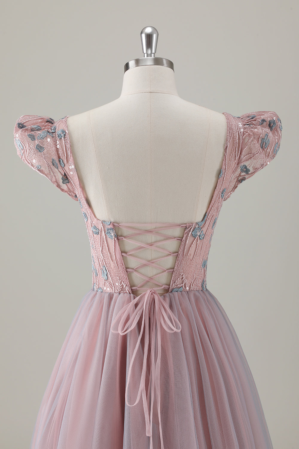 Grey Pink A-Line Floral Short Sleeves Long Prom Dress with Appliques