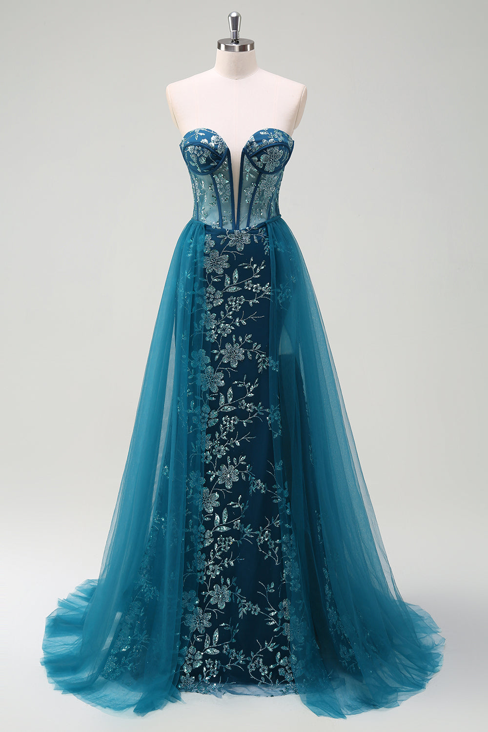 Bodycon Peacock Blue Corset Applique Prom Dress with Detachable Tulle