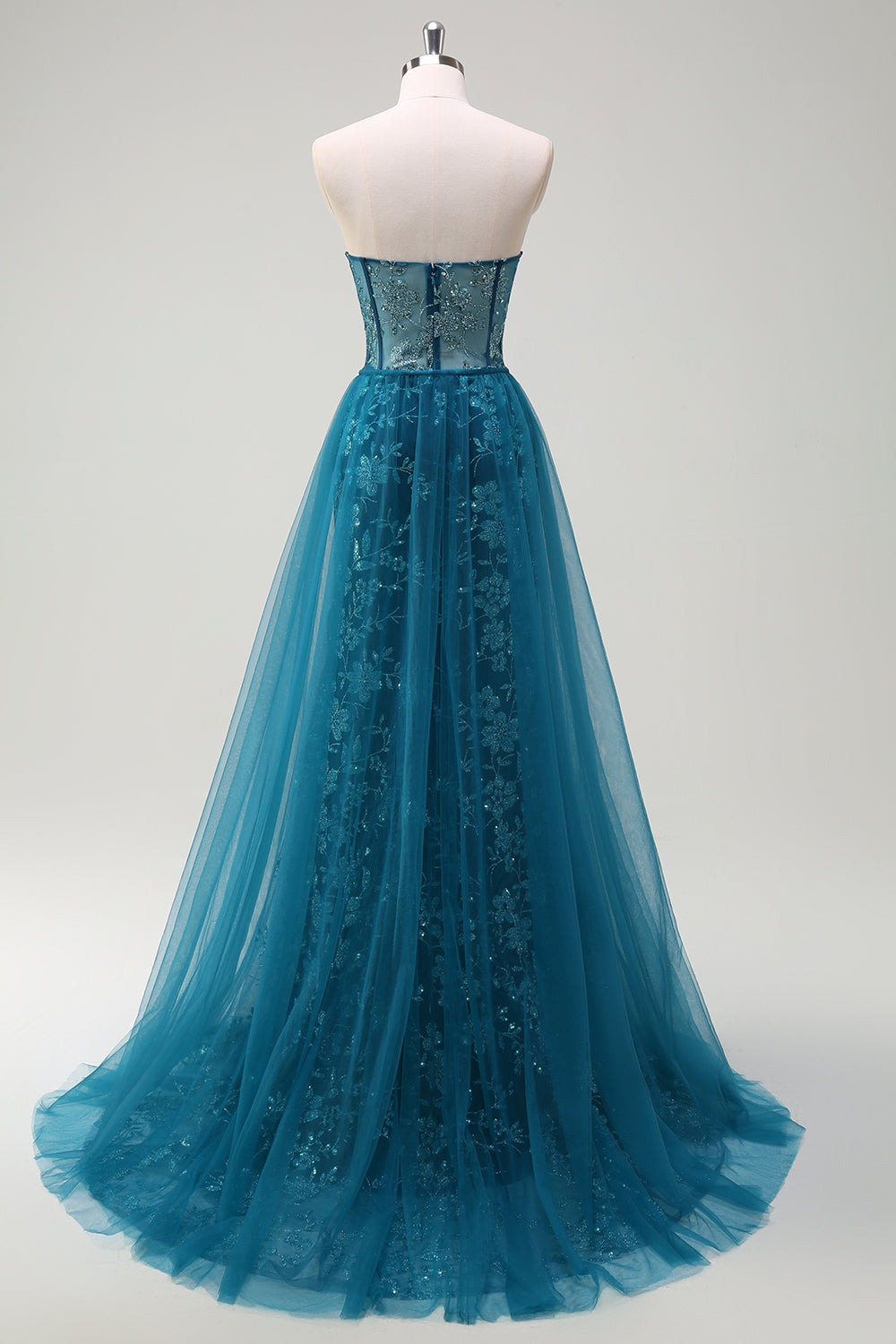 Bodycon Peacock Blue Corset Applique Prom Dress with Detachable Tulle