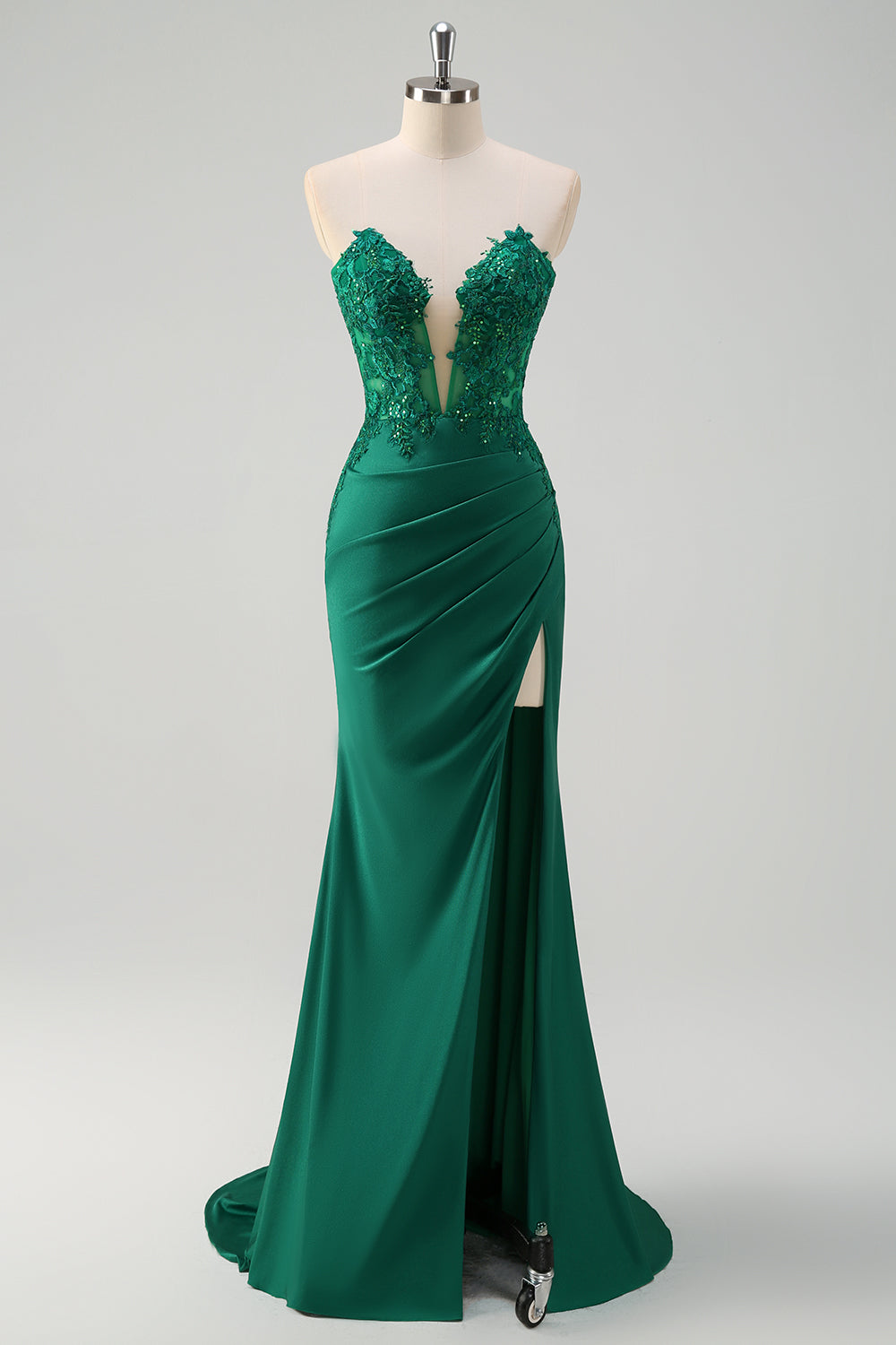 Green Mermaid Applique Sweetheart V-Neck Prom Dress with Slit