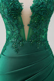 Green Mermaid Applique Sweetheart V-Neck Prom Dress with Slit
