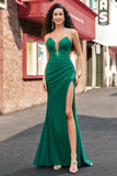 Green Mermaid Applique Strapless Ruched Prom Dress with Slit